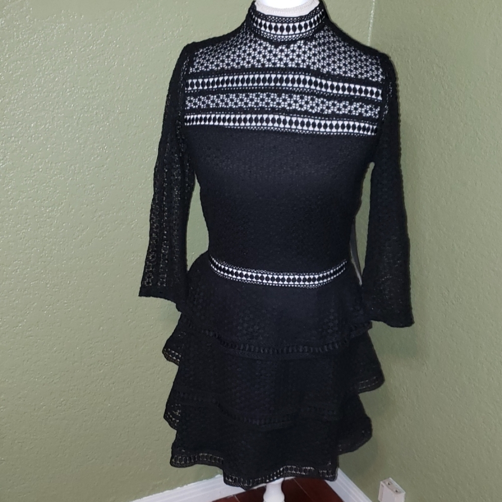 Black lace tiered mini dress
